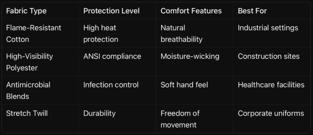 Workwear fabric characteristics comparison table showing durability, breathability, comfort, and performance of common workwear materials