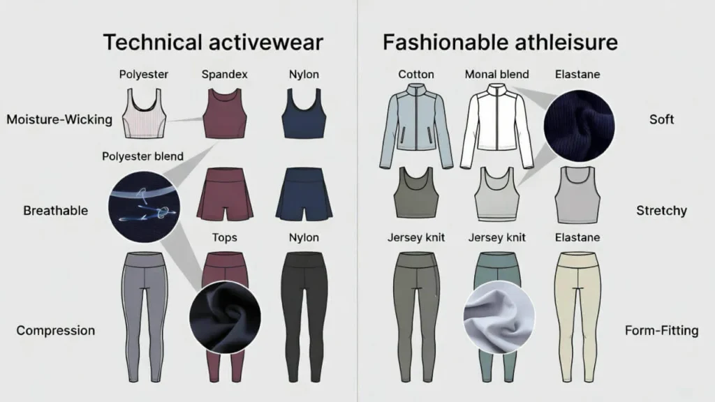 Activewear vs athleisure comparison showing performance wear and casual athletic clothing technical aspects