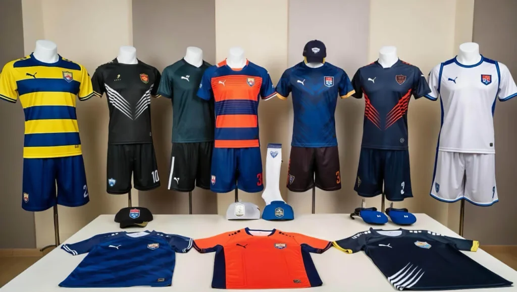 Custom teamwear manufacturing showing sports jerseys, uniforms, and logo customization options