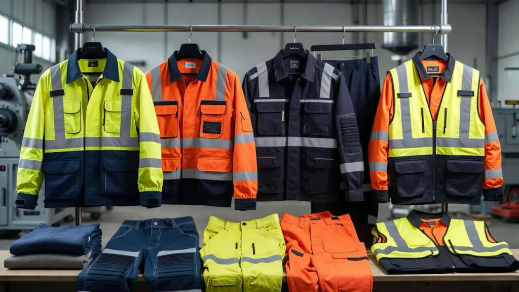 Industrial workwear manufacturing displaying safety uniforms, protective clothing, and high-visibility apparel