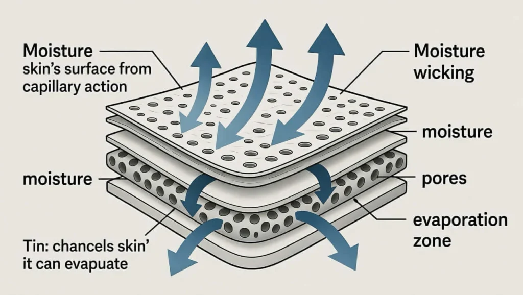 Moisture-wicking fabric technology showing capillary action moving sweat away from skin