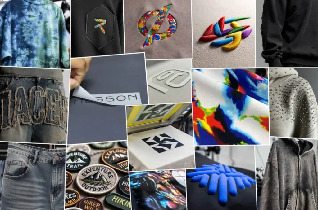 Apparel manufacturing techniques showing printing, embroidery, and fabric finishes by Hesson Apparel
