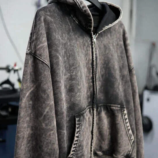 Acid wash finish producing high-contrast vintage effects on apparel by Hesson Apparel