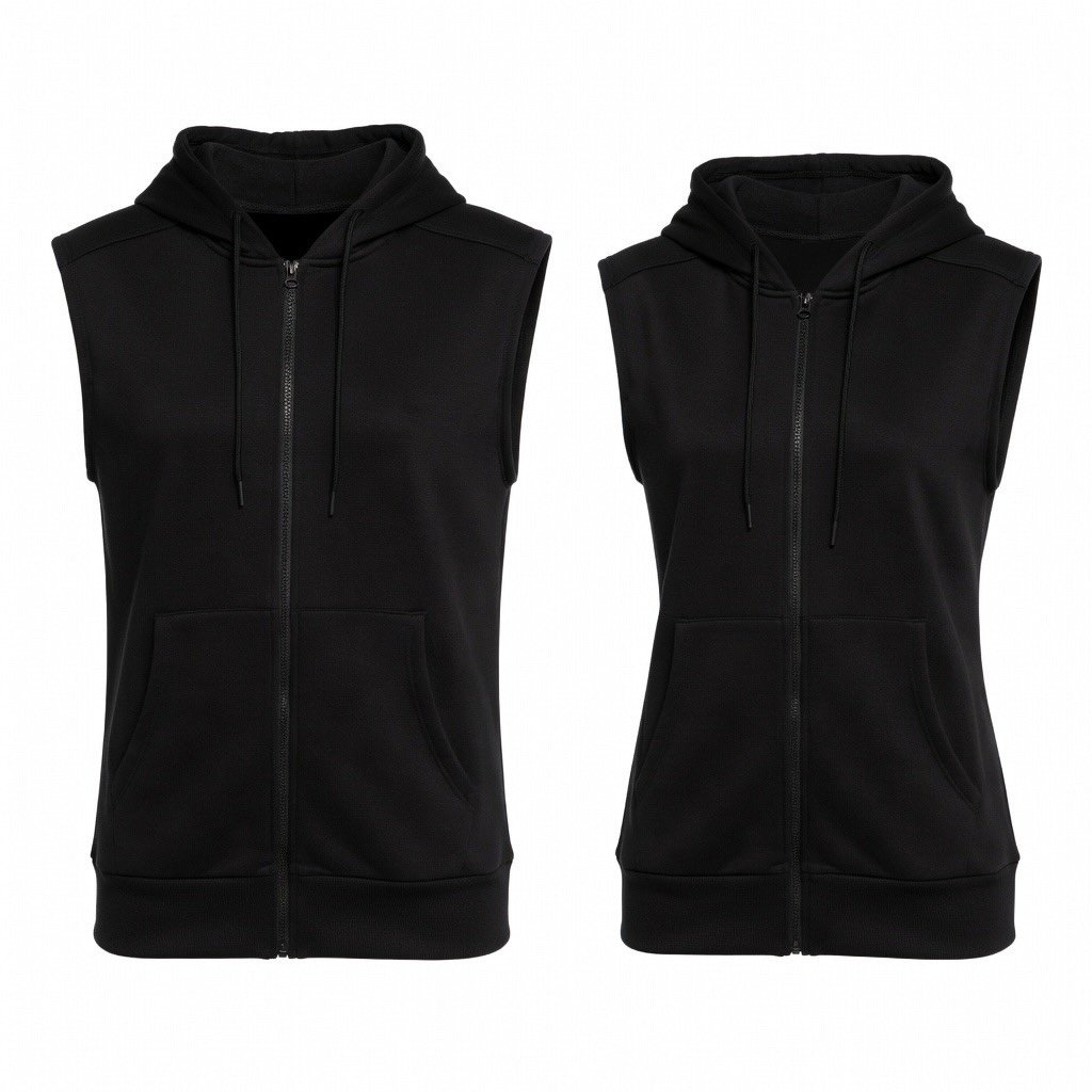 Custom sleeveless zip-up hoodie manufactured with premium fabrics for fitness and activewear brands.