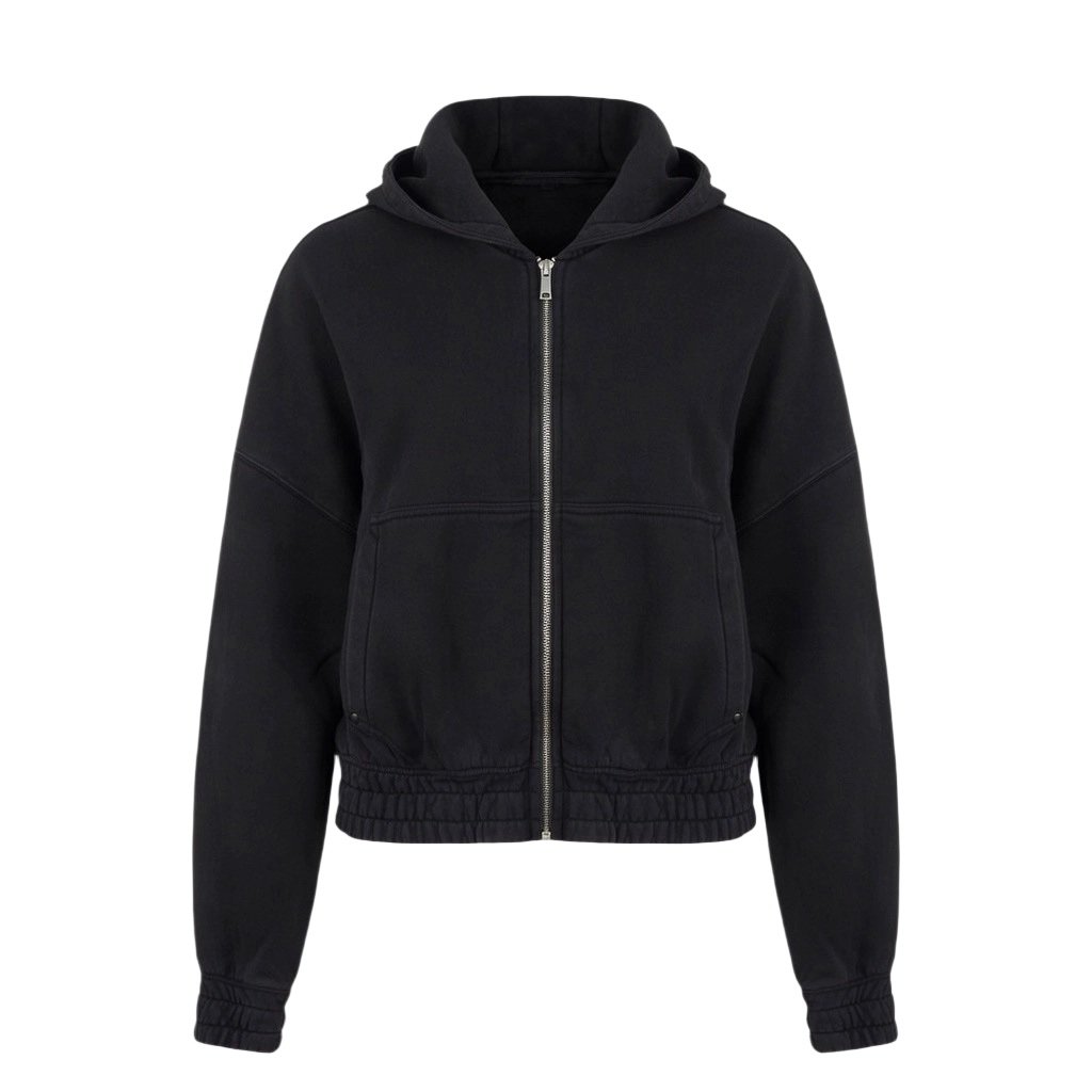 Custom women’s zip-up hoodie manufactured with soft fleece fabrics for activewear brands.
