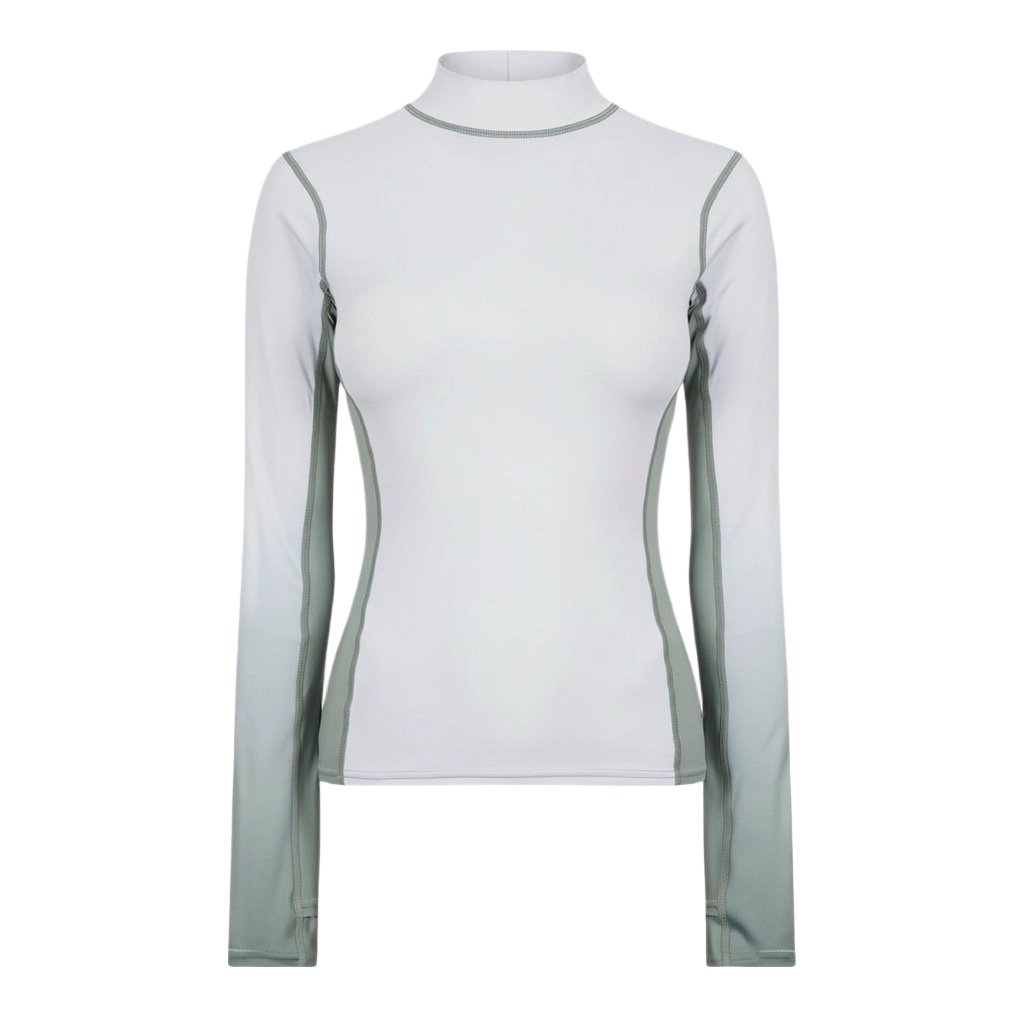 Custom women’s long-sleeve training top manufactured with breathable stretch fabric for fitness brands.