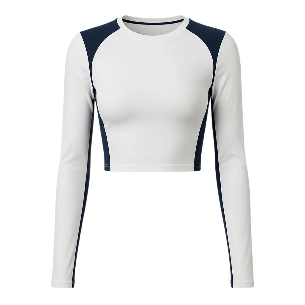Custom long-sleeve crop top manufactured with stretch performance fabric for women’s activewear brands.