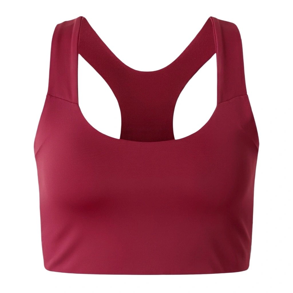 Custom medium-impact sports bra manufactured with supportive stretch fabric for fitness apparel brands.