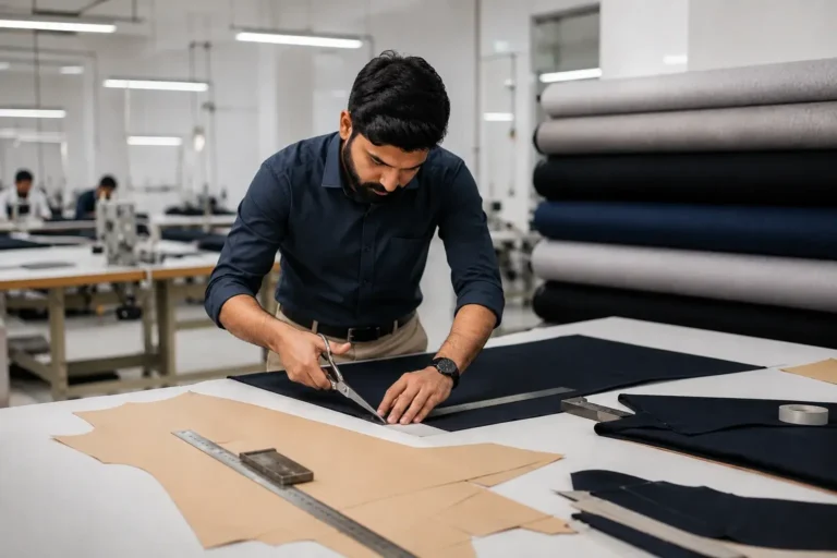 Professional garment workers performing cut and sew manufacturing at HESSON Apparel's clothing production facility
