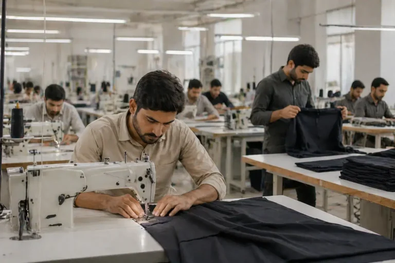 Professional garment workers performing cut and sew manufacturing at HESSON Apparel's clothing production facility