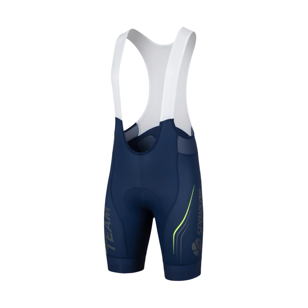 Custom performance cycling bib shorts manufactured with compression fabric and ergonomic chamois padding.