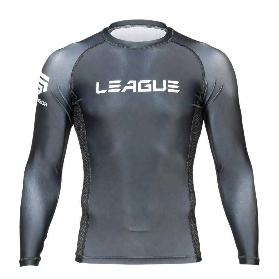 Custom training MMA rash guard manufactured with breathable stretch fabric for gyms and combat academies.