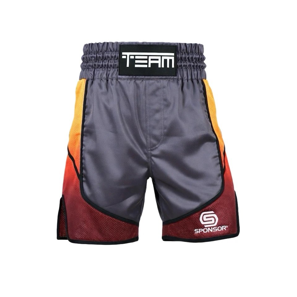 Custom training boxing shorts manufactured with breathable quick-dry fabric for gyms and combat sports brands.