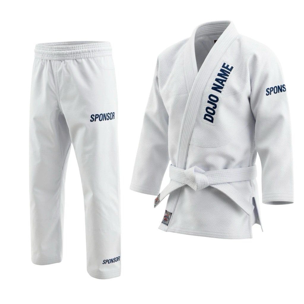 Custom traditional karate uniform manufactured with breathable fabric for dojos and martial arts academies.