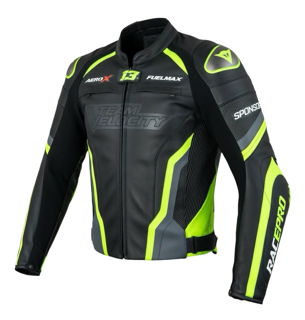 Custom racing motorbike jacket manufactured with reinforced panels for motorcycle brands and racing teams.