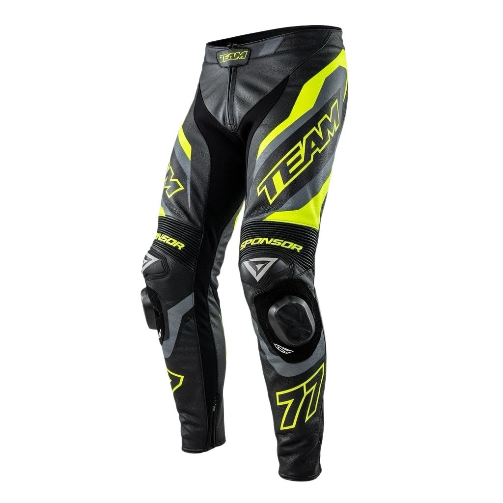 Custom racing motorbike pants manufactured with reinforced knee construction and stretch mobility panels.