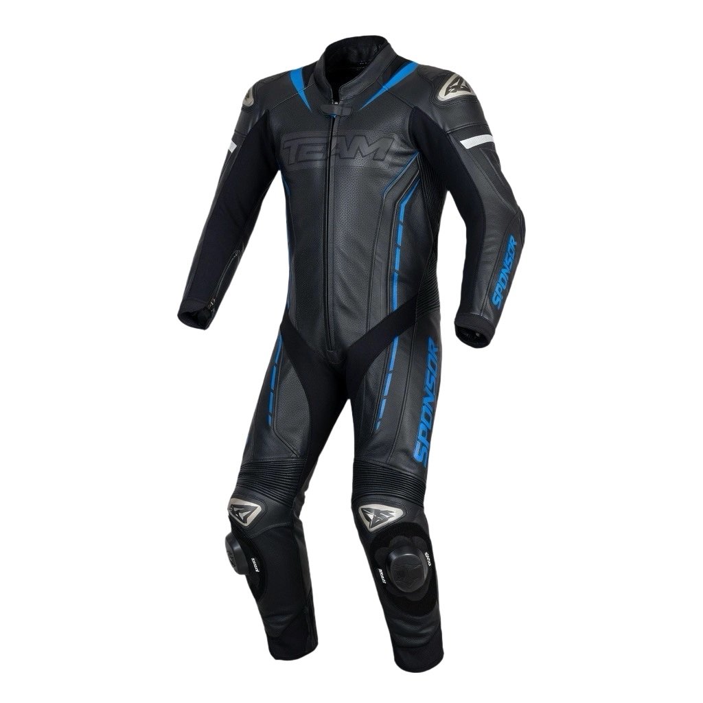 Custom performance motorbike riding suit manufactured with one-piece ergonomic riding construction.