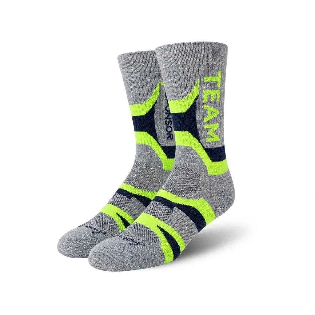 Custom performance crew sports socks manufactured with cushioned support and moisture wicking yarn for teams.