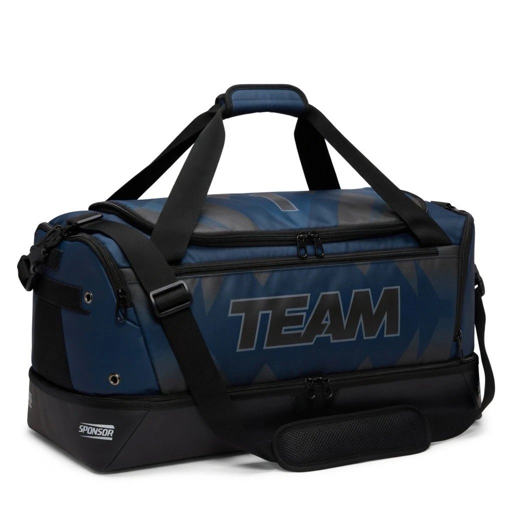Custom team duffel sports bag manufactured with durable storage compartments for clubs, teams, and academies.